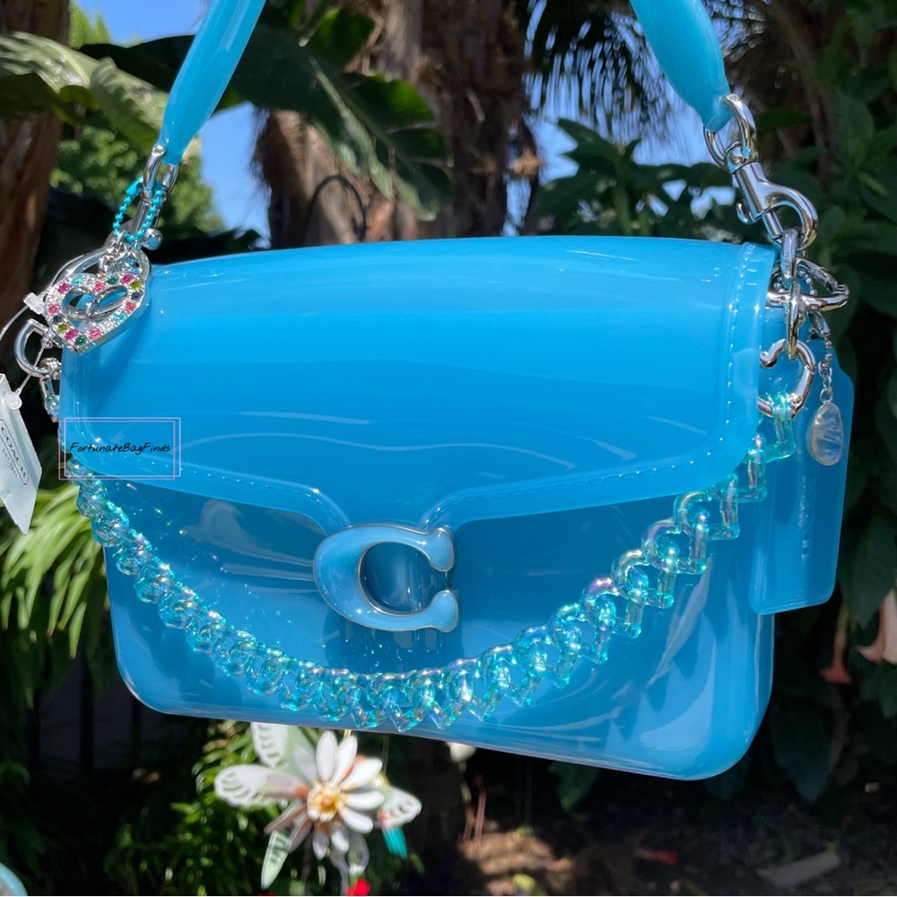 Blue Coach Jelly Tabby Bag Purse CH748 & Legacy Rainbow Crystal Heart Bag Charm